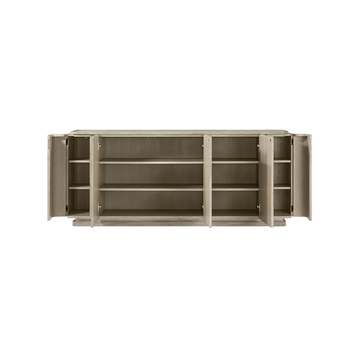 Interior shelving of light oak modern buffet sideboard.