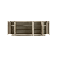 Interior shelving of light oak modern buffet sideboard.