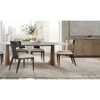 Dining room setup with light oak modern buffet sideboard.