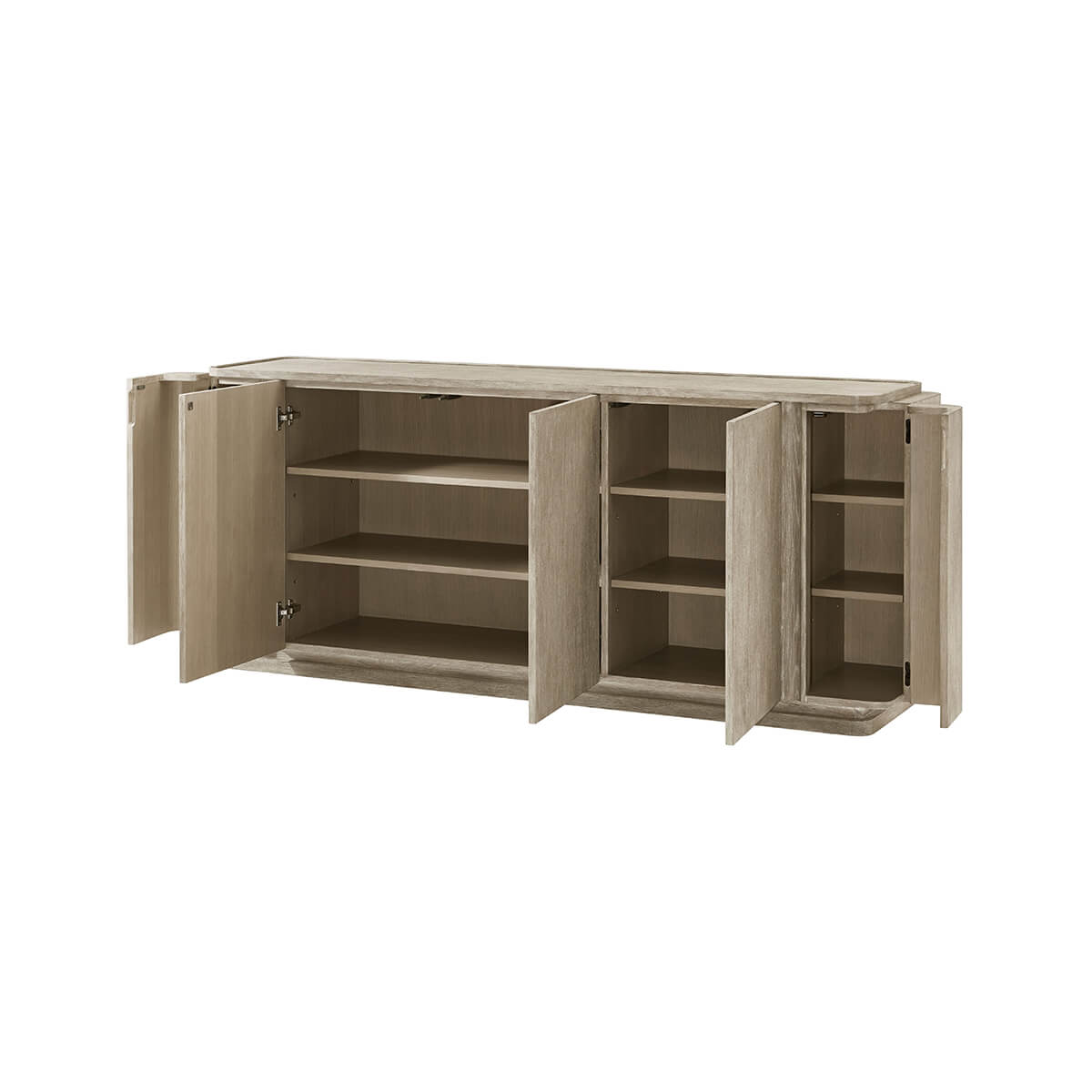 Open doors showing inside shelves of buffet sideboard.