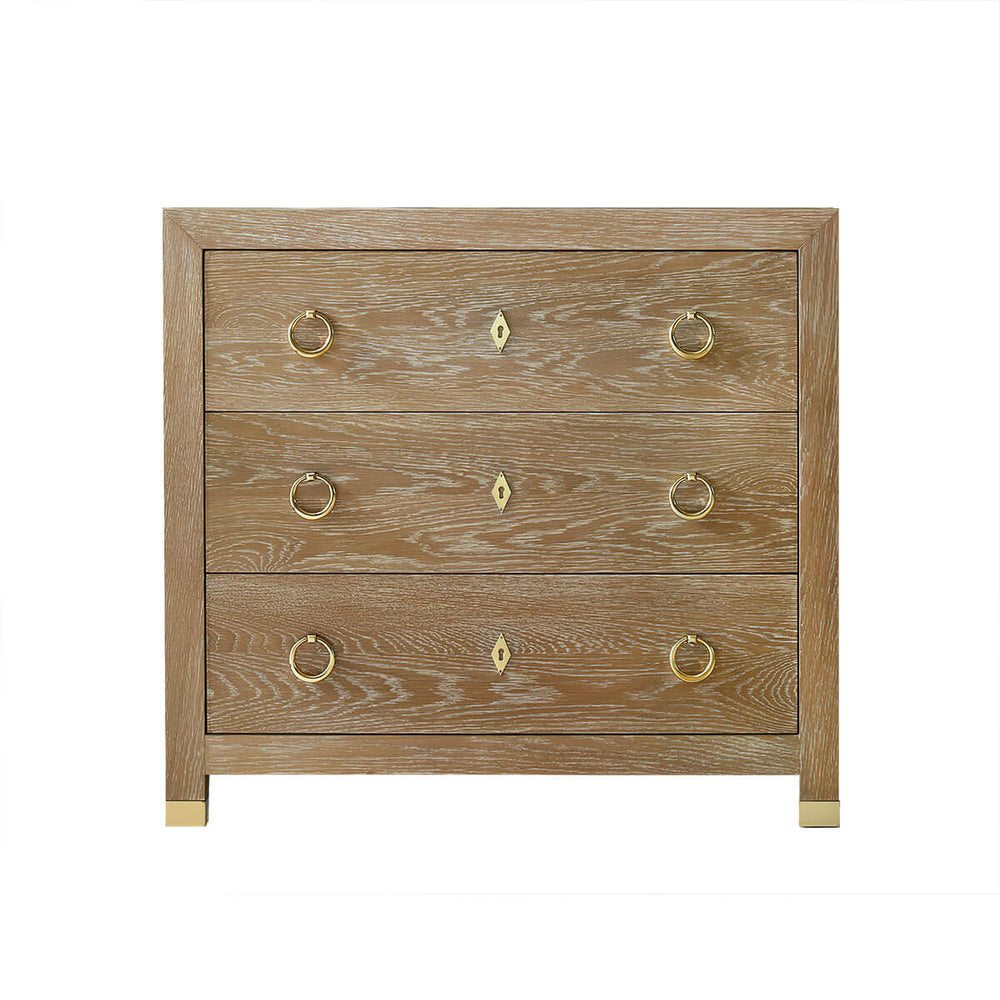 Light oak modern chest of drawers, front view.