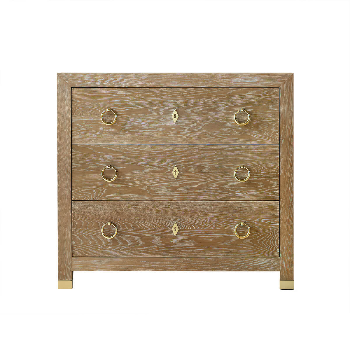 Light oak modern chest of drawers, front view.