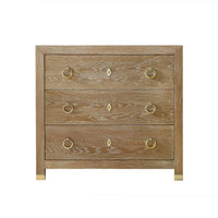 Light oak modern chest of drawers, front view.