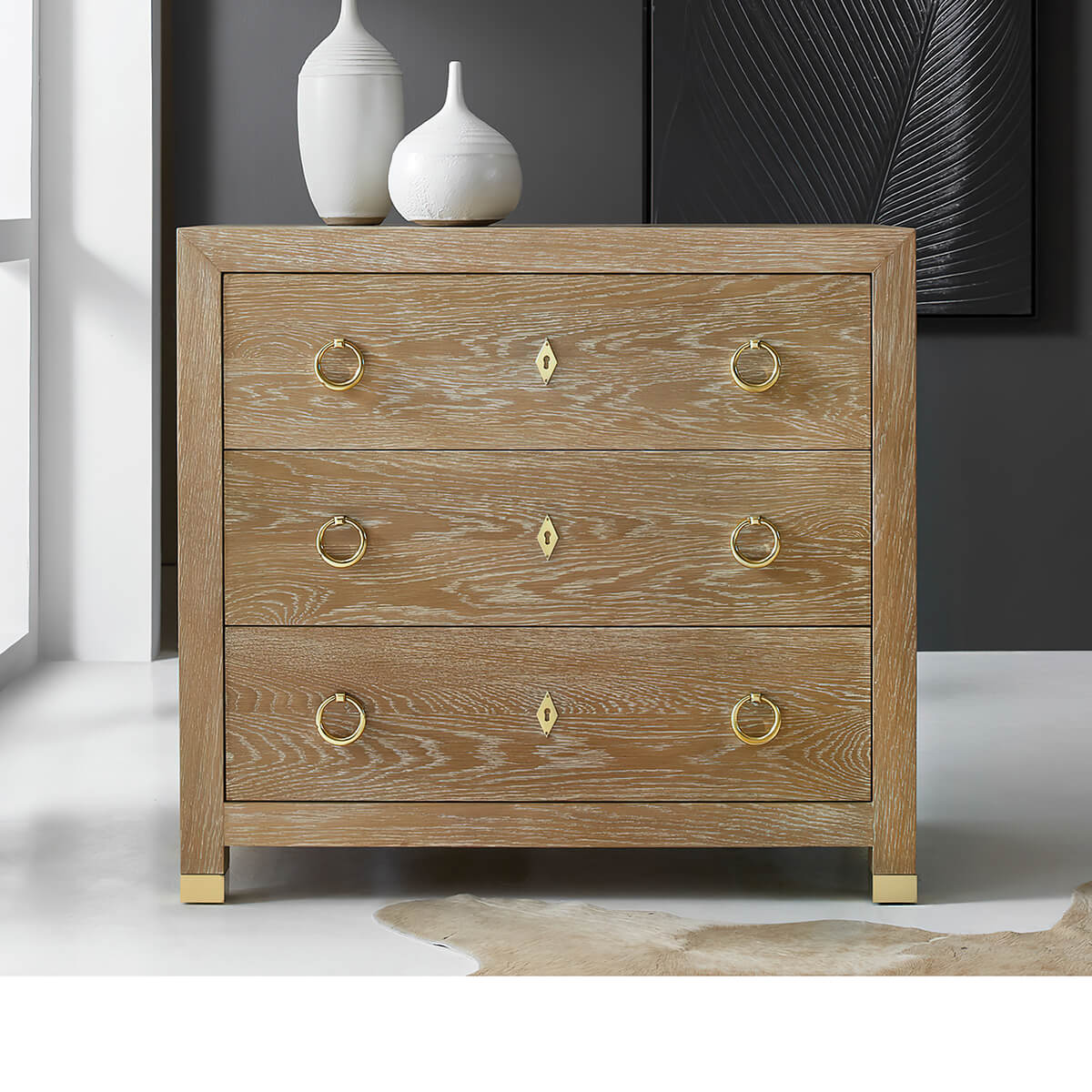 Oak chest with decor, modern style interior.