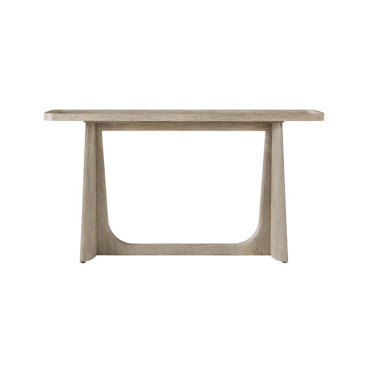 Direct front view of light oak modern console table.