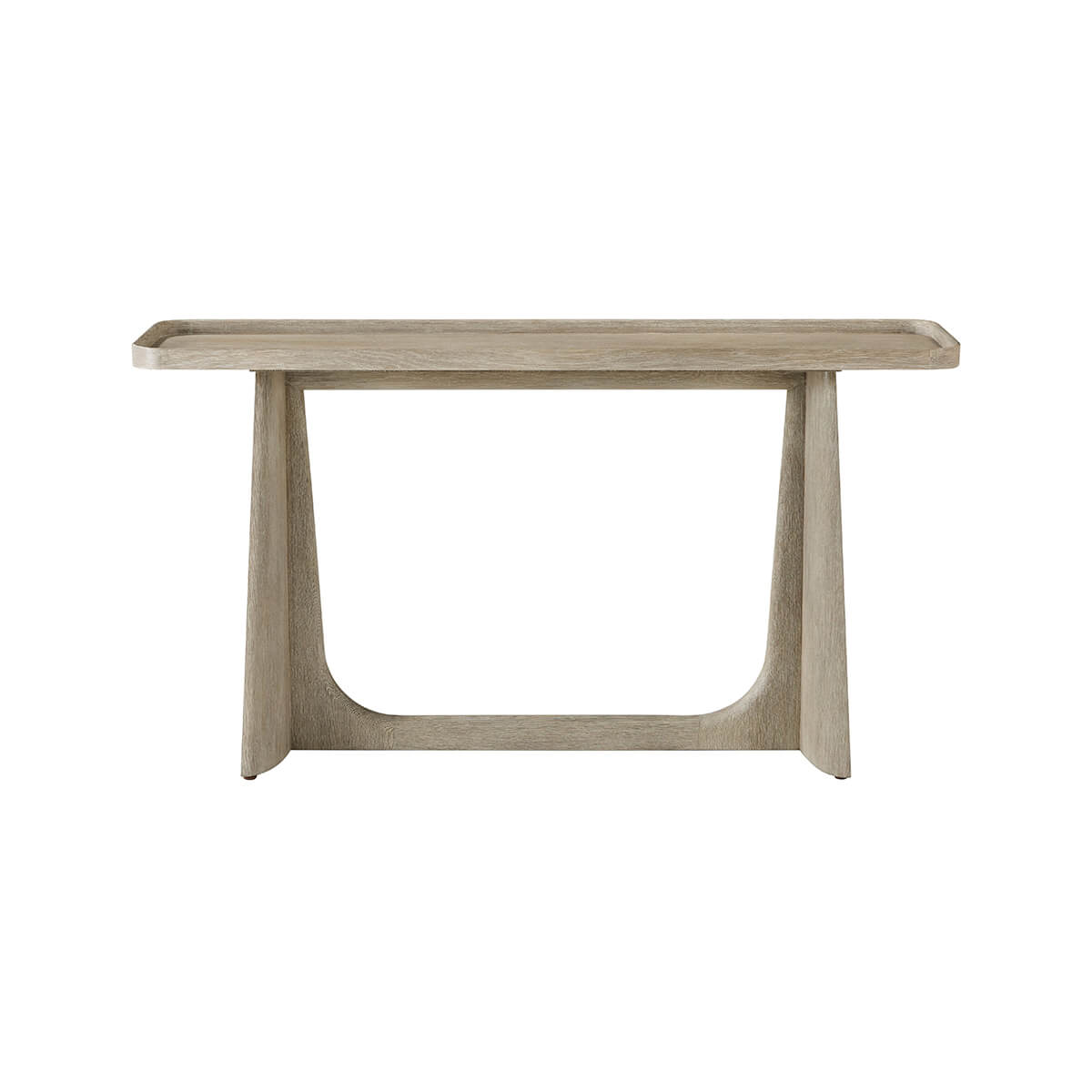 Light oak modern console table, straight front view.