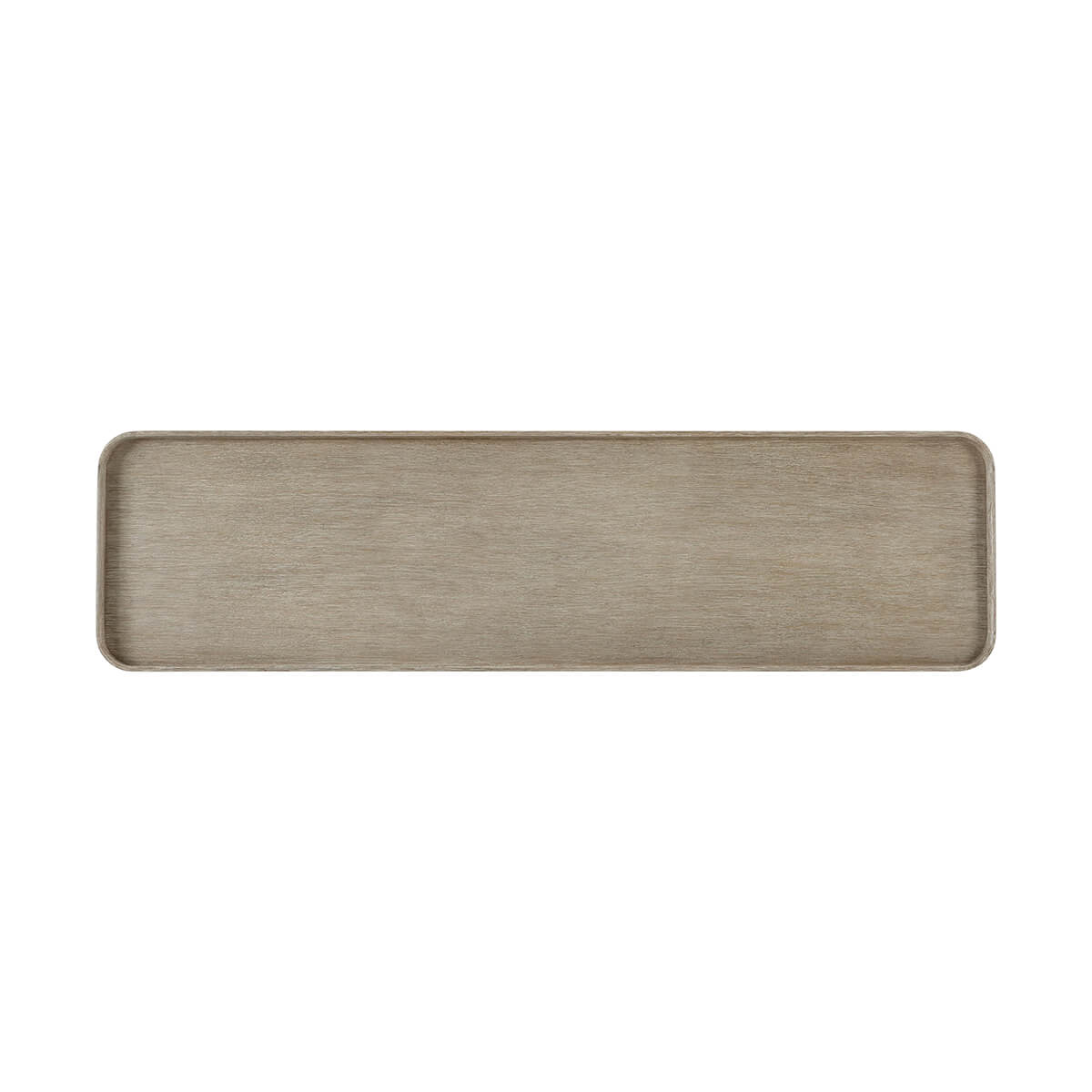 Top-down view of light oak modern console table surface.