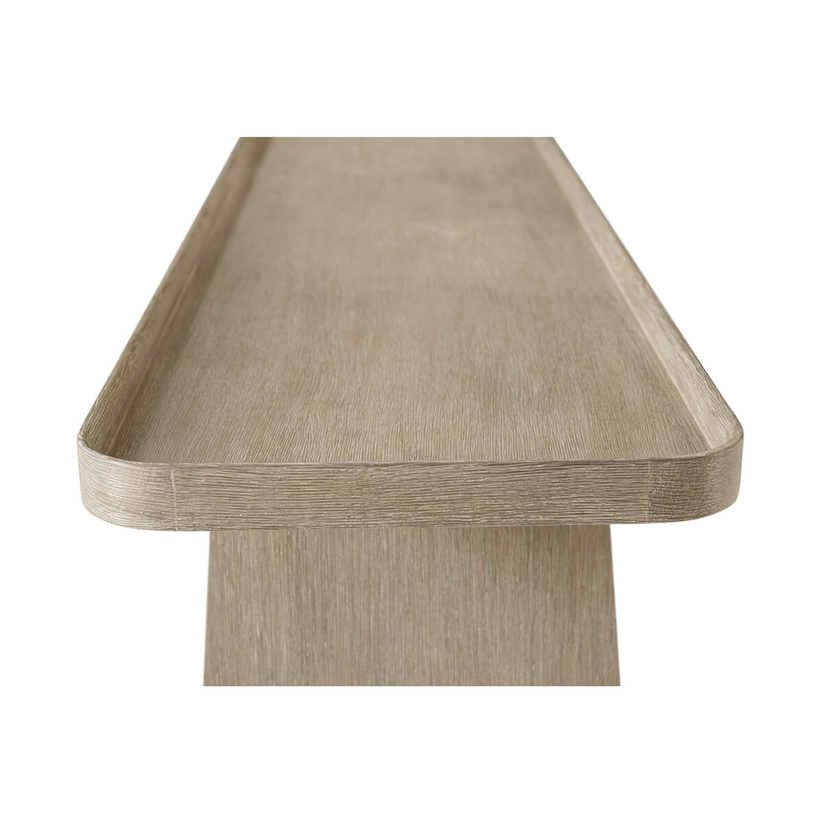 Close-up of light oak modern console table edge.