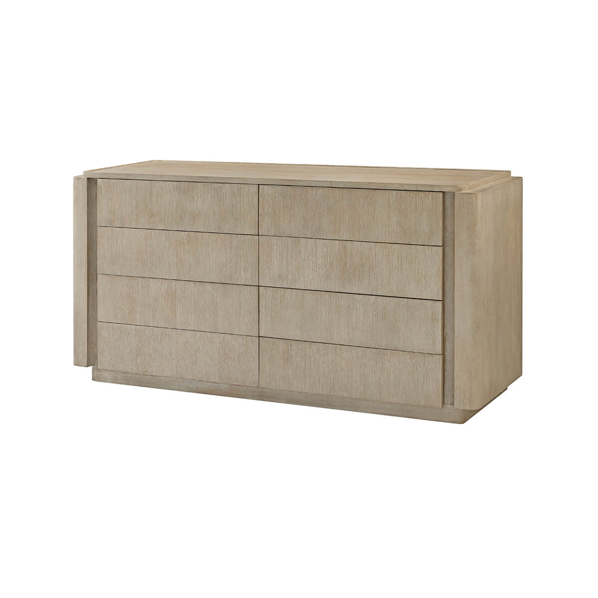 Light oak modern dresser, front angle view, closed drawers.