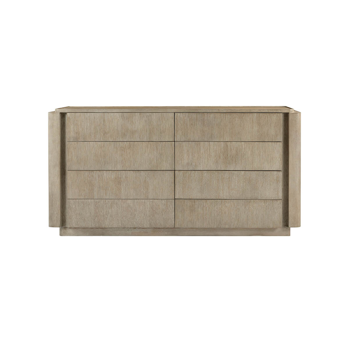 Light oak modern dresser, direct front view, closed drawers.