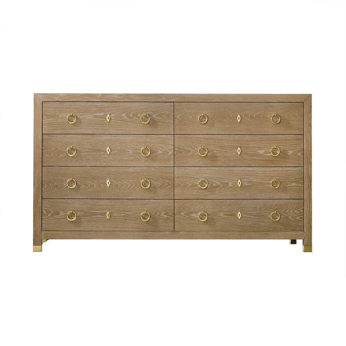Front view of light oak dresser with drawers.