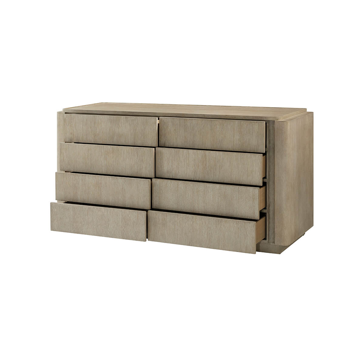 Light oak modern dresser, front angle view, open drawers.