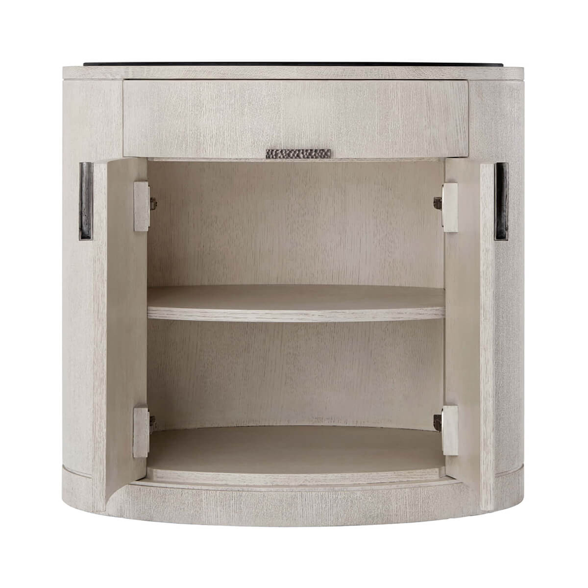 Light oak oval nightstand, open showing shelves inside.