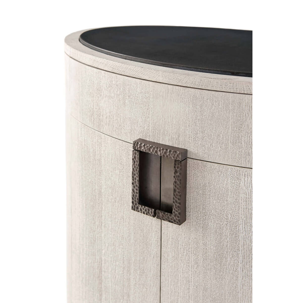 Light oak nightstand, close-up of handle detail.