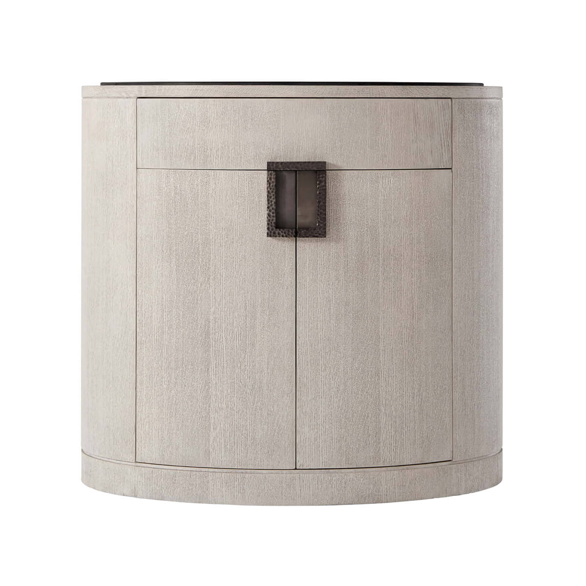Light oak oval nightstand, straight front view.