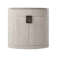 Light oak oval nightstand, straight front view.