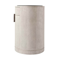 Light oak oval nightstand, side profile view.