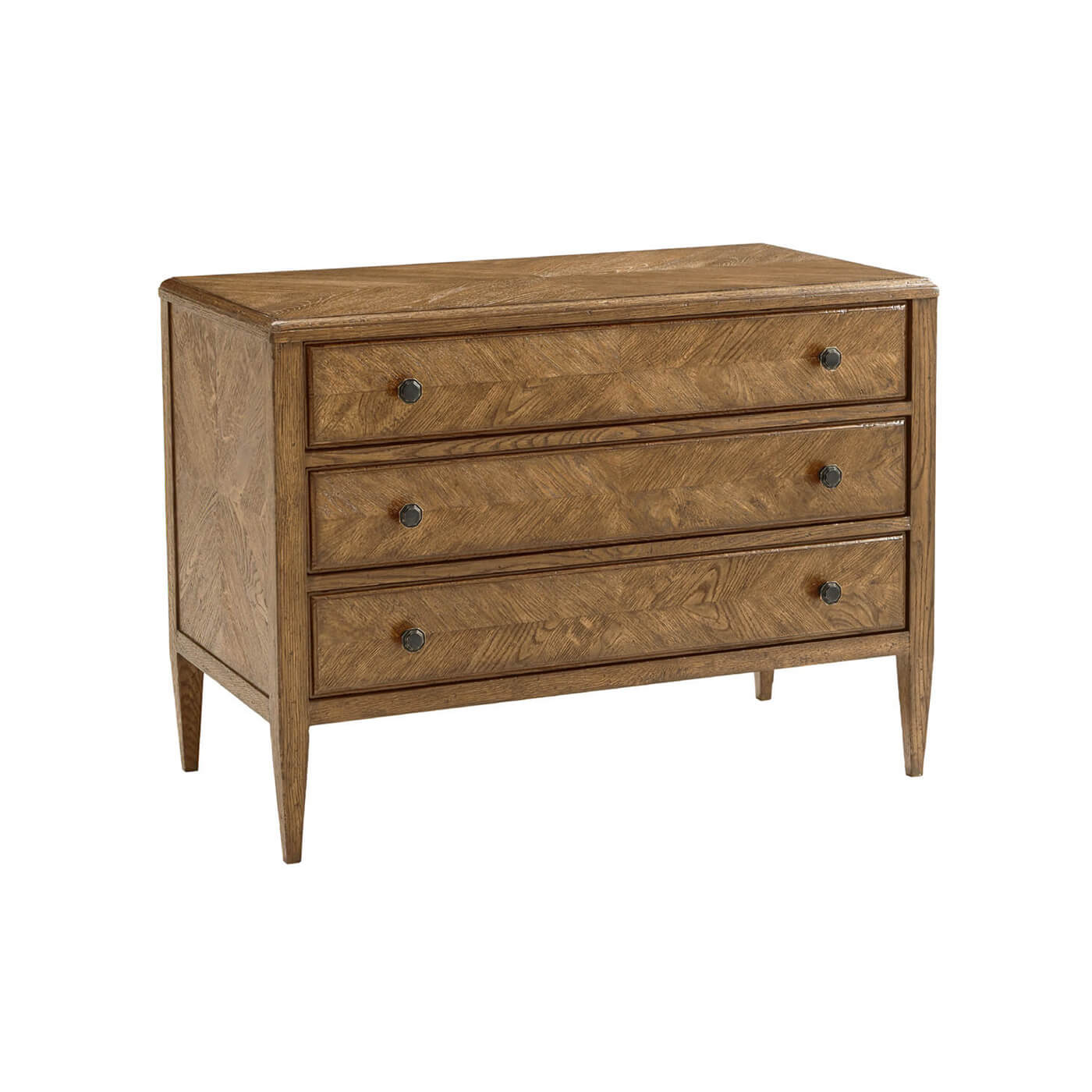 Angled view of light oak parquetry dresser.