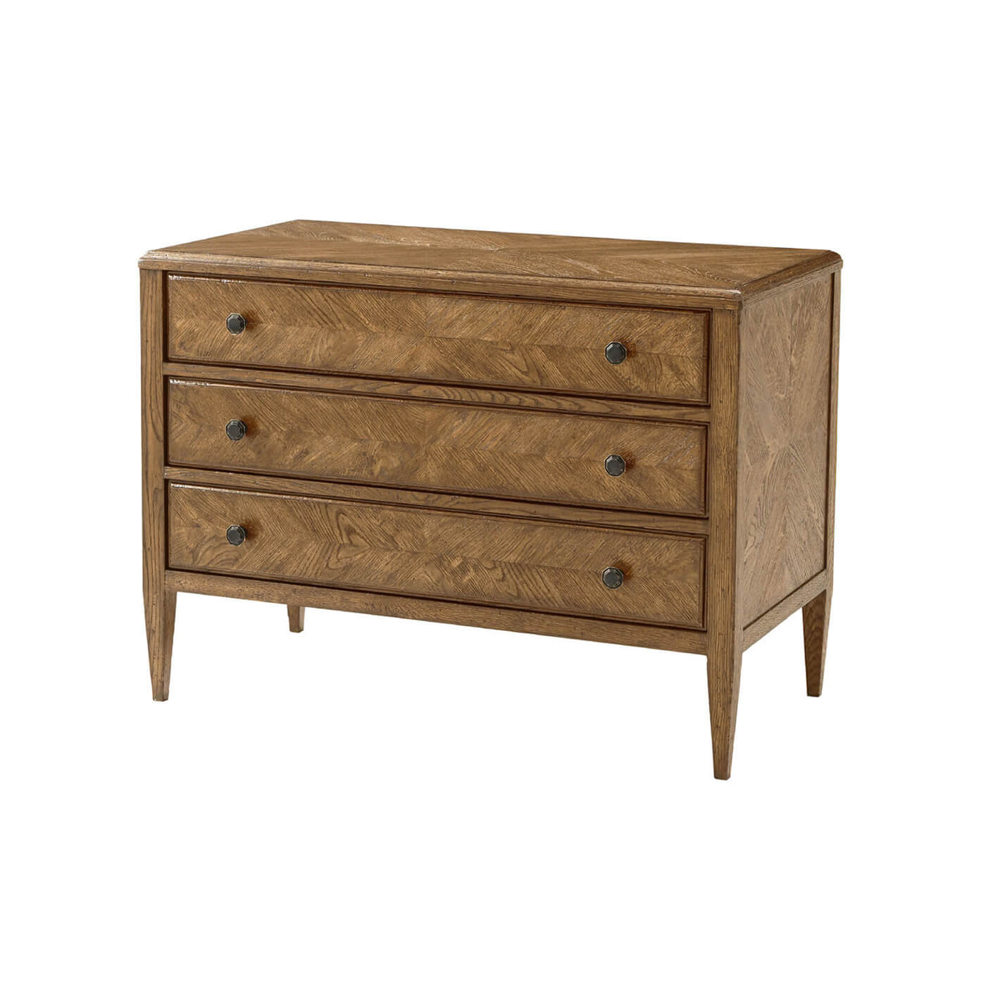 Light oak dresser with three drawers, front view.