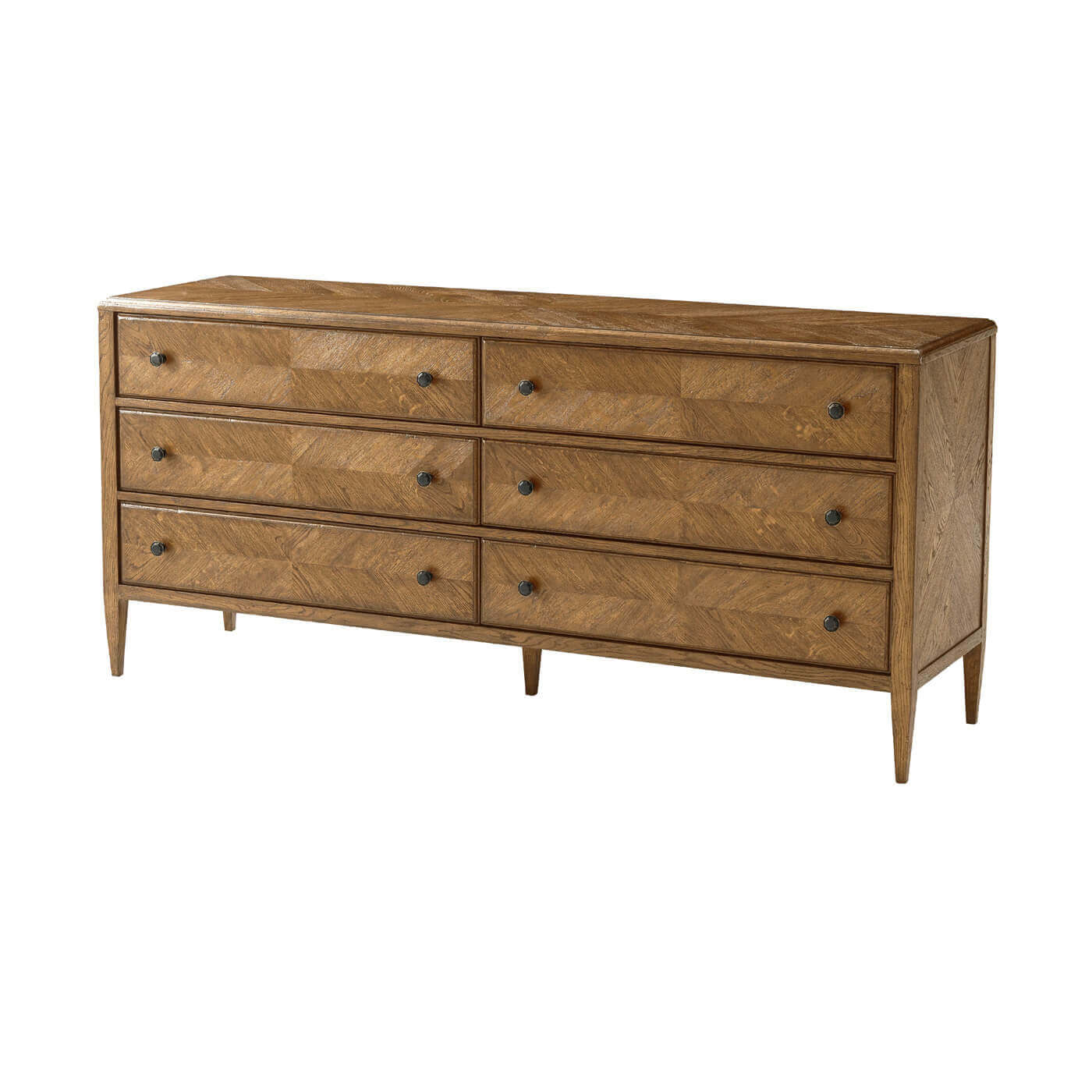 Light oak six-drawer dresser, angled view.