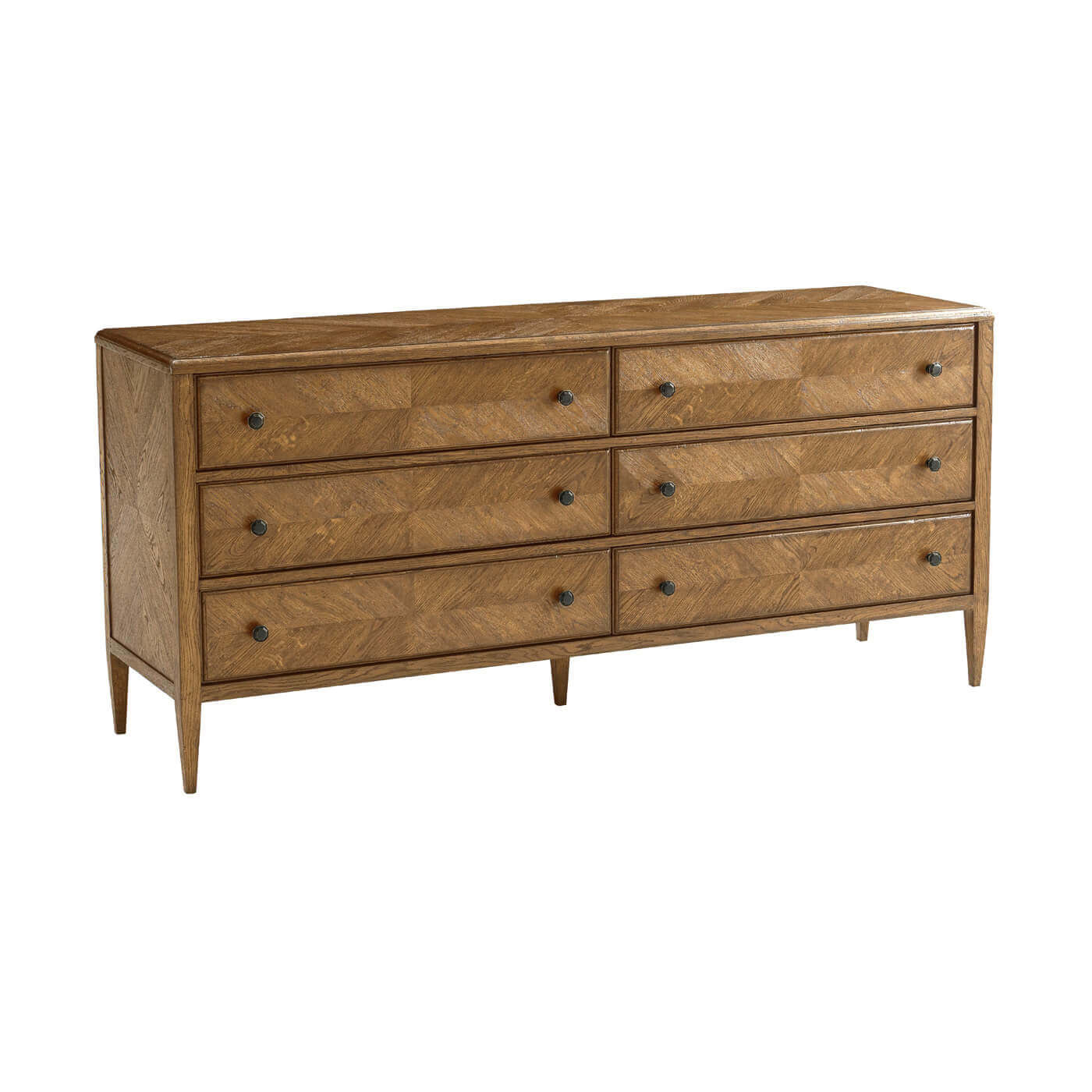 Light oak six-drawer dresser, side perspective.