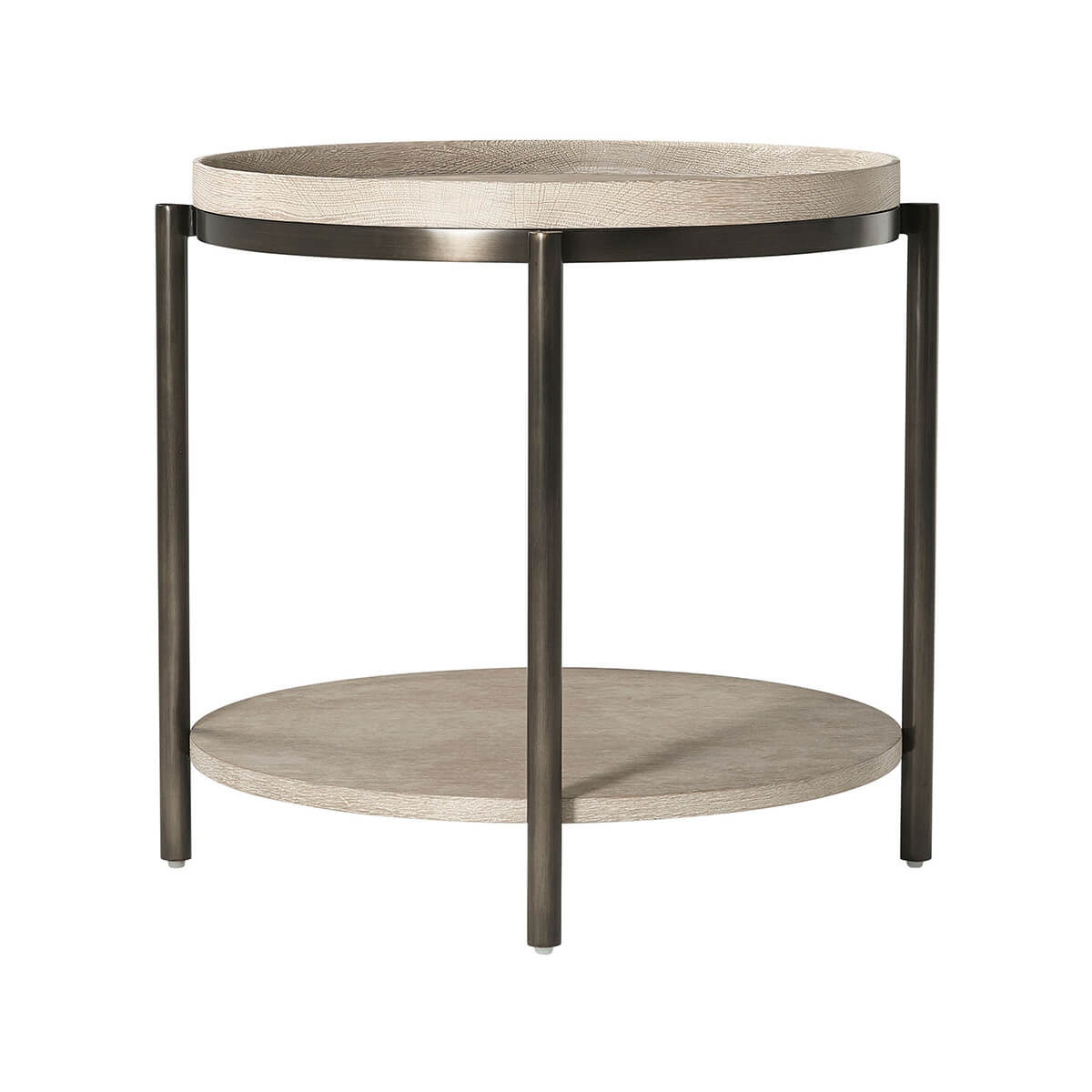 Side view showcasing round table and lower shelf.
