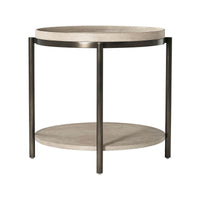 Side view showcasing round table and lower shelf.