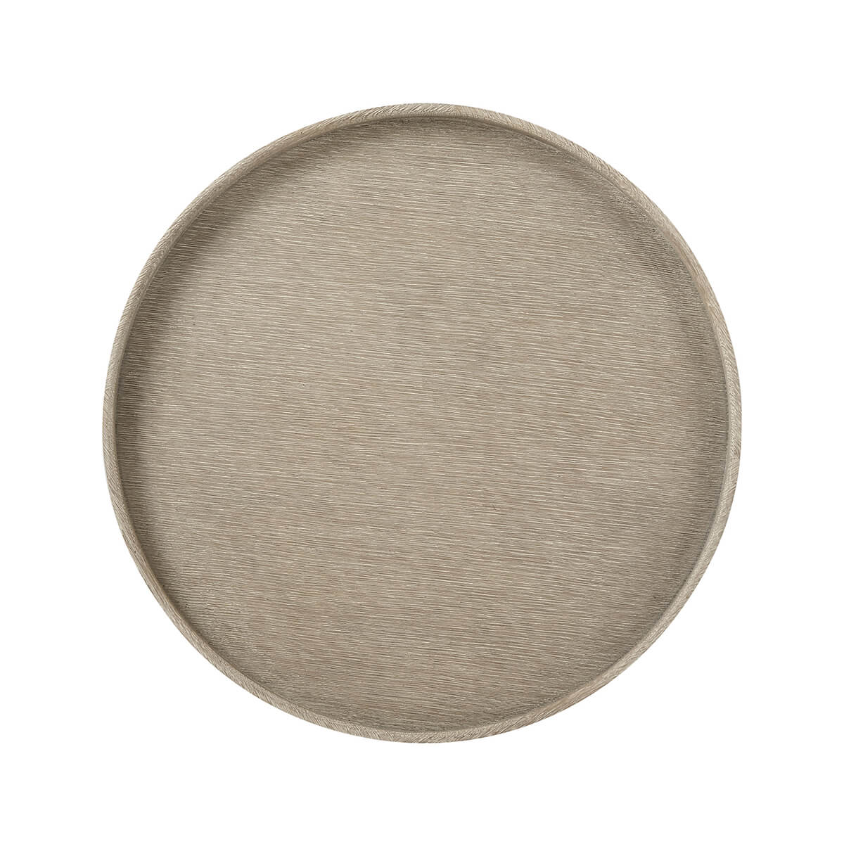 Top view of light oak round side table surface.