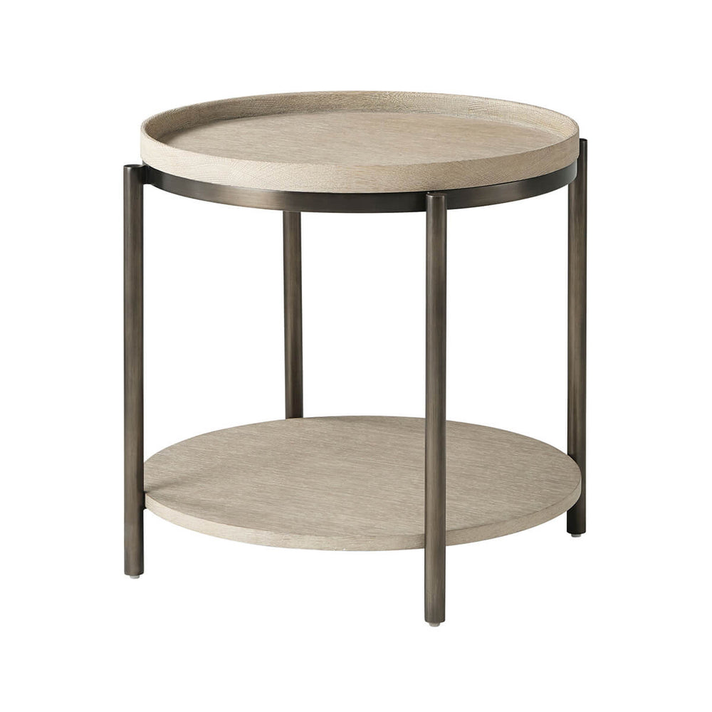 Light oak round side table with dark metal frame.