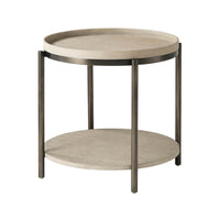 Light oak round side table with dark metal frame.