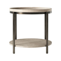 Front angle of light oak side table with two levels.
