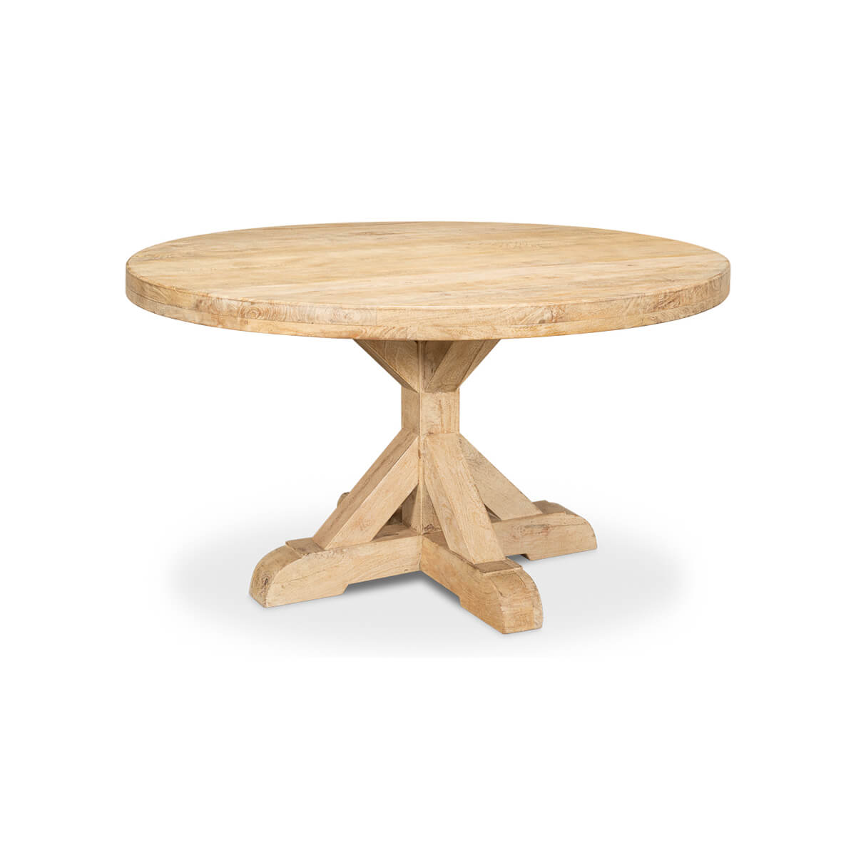Light wood round dining table angled view.
