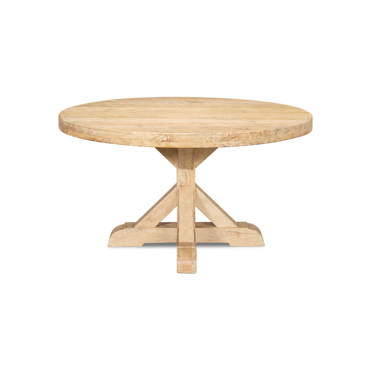 Light wood round dining table front view.