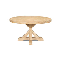 Light wood round dining table front view.