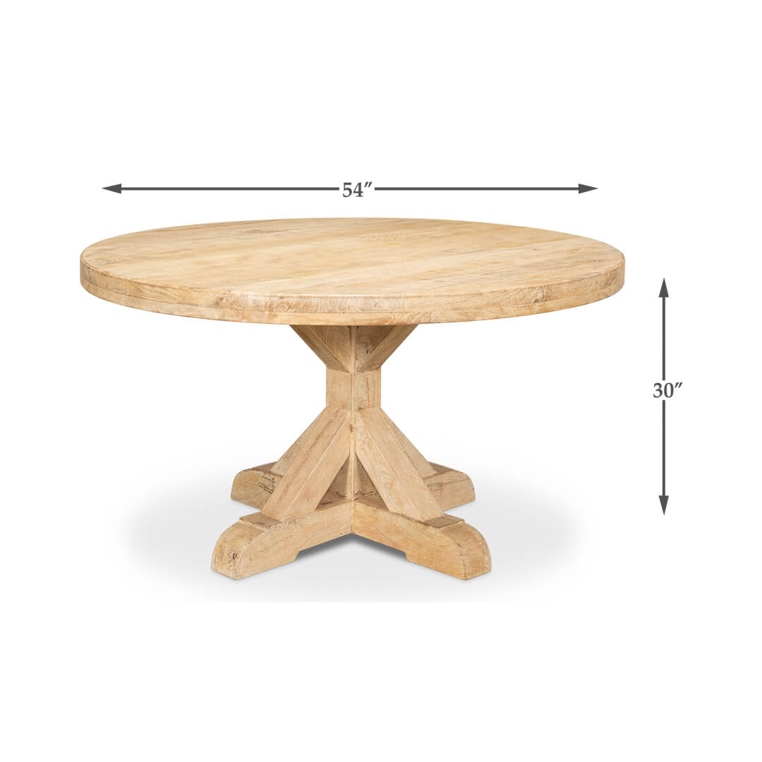 Light wood round dining table with dimensions shown.