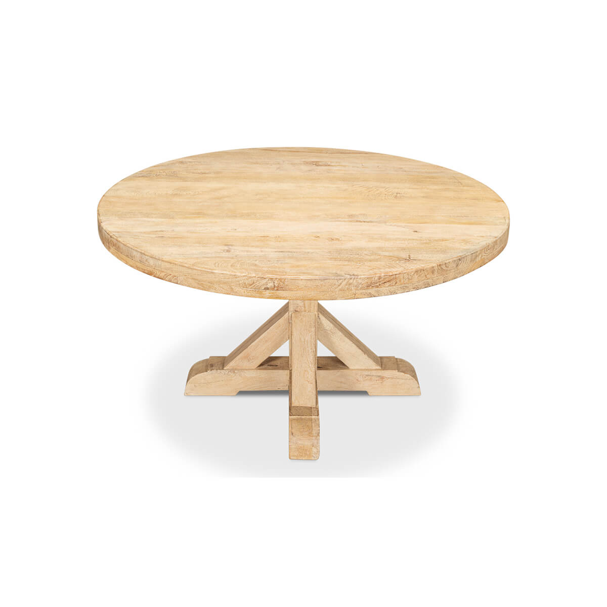 Light wood round dining table side view.