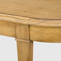 Close-up of console table corner detail.
