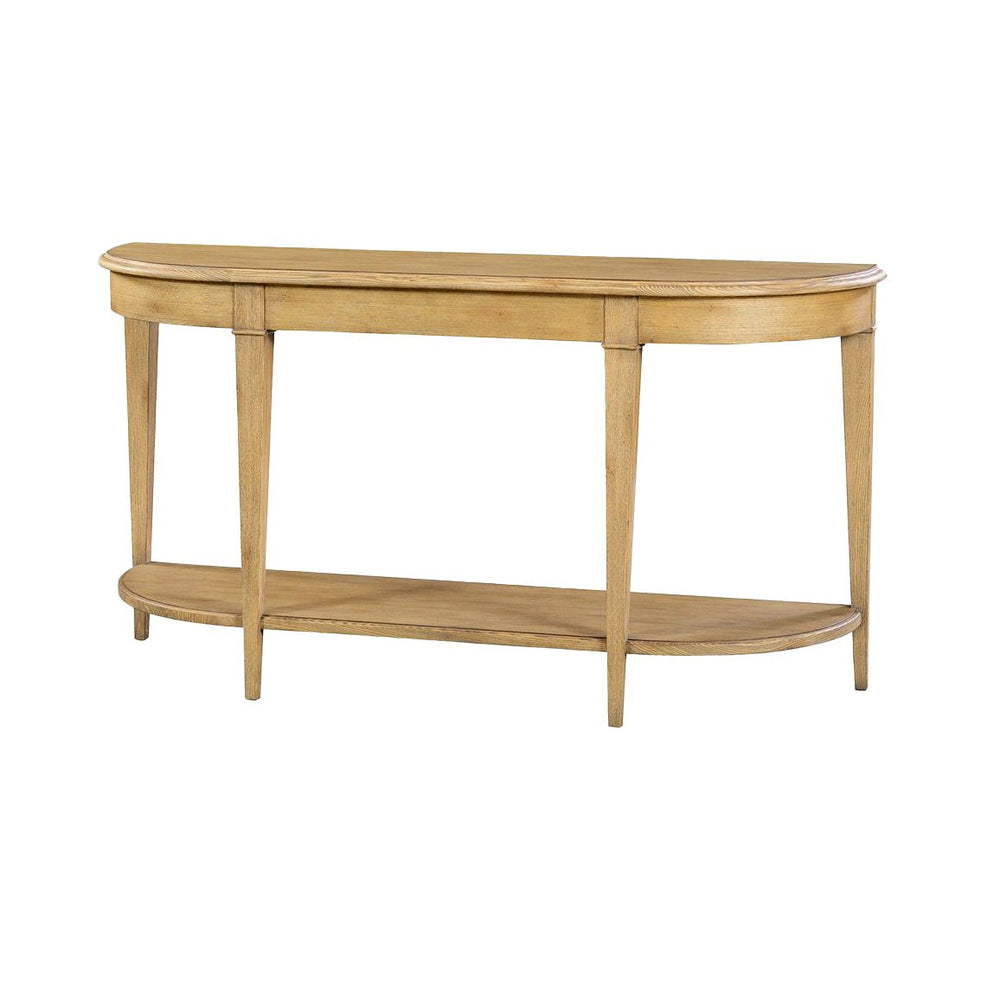 Light wood console table, front angle view.