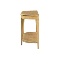 Side profile of light wood console table.