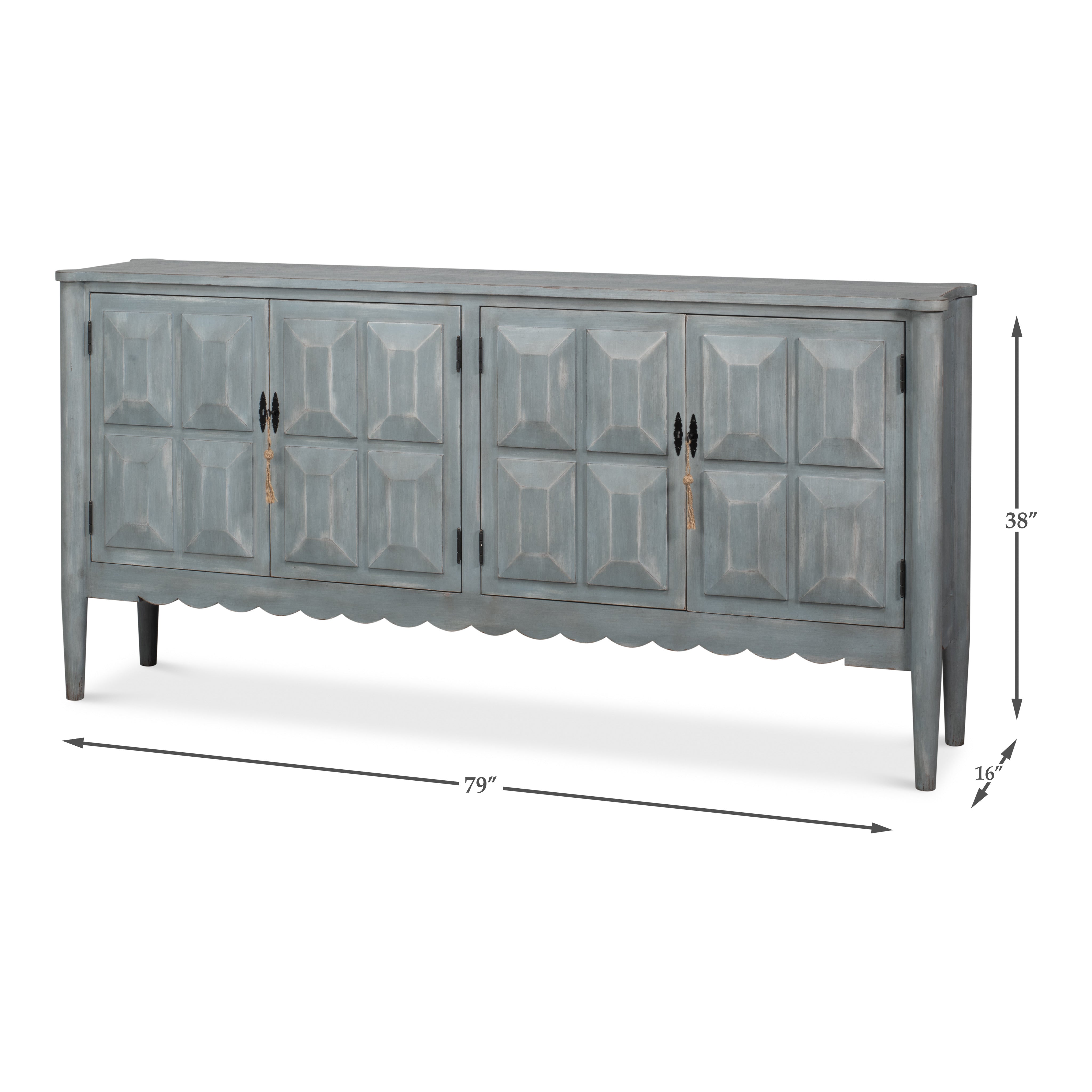 Dimension drawing for Long Antique Gray Pine Sideboard with Two Shelves