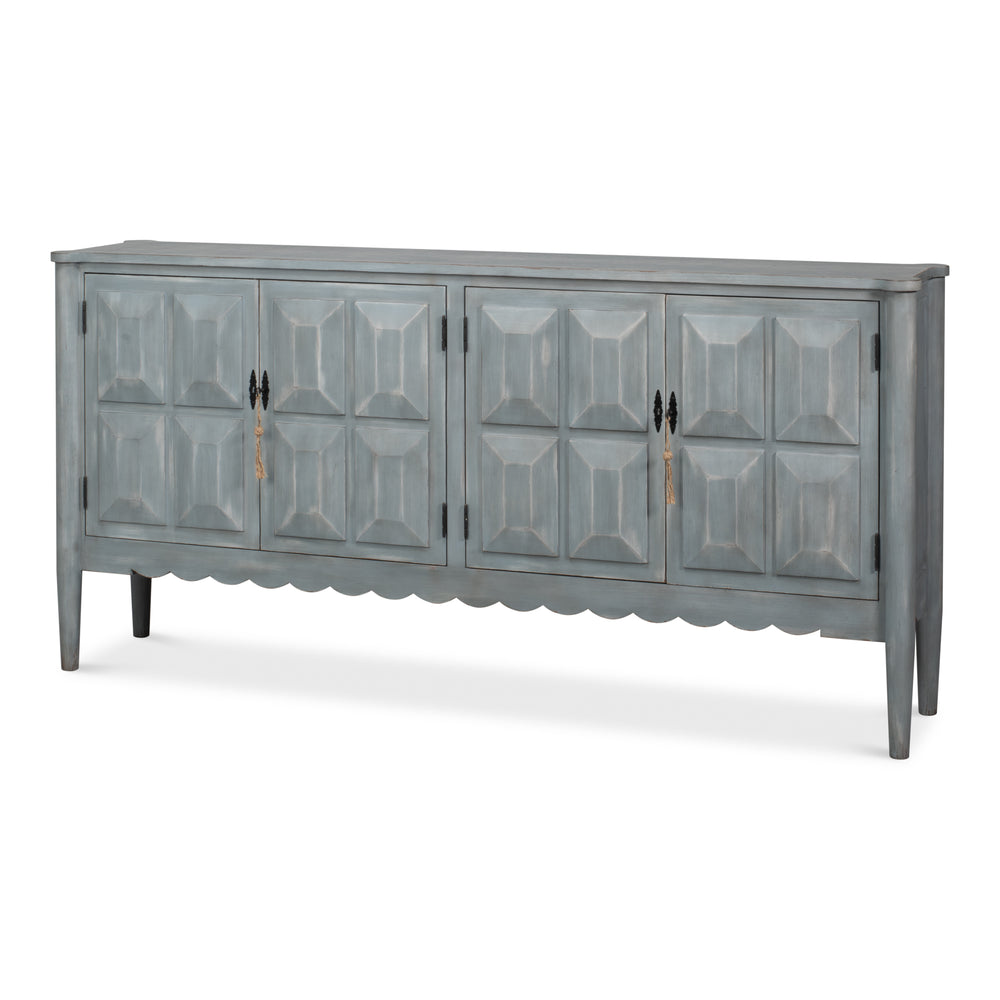 Long sideboard in antique gray finished pine with a shallow case