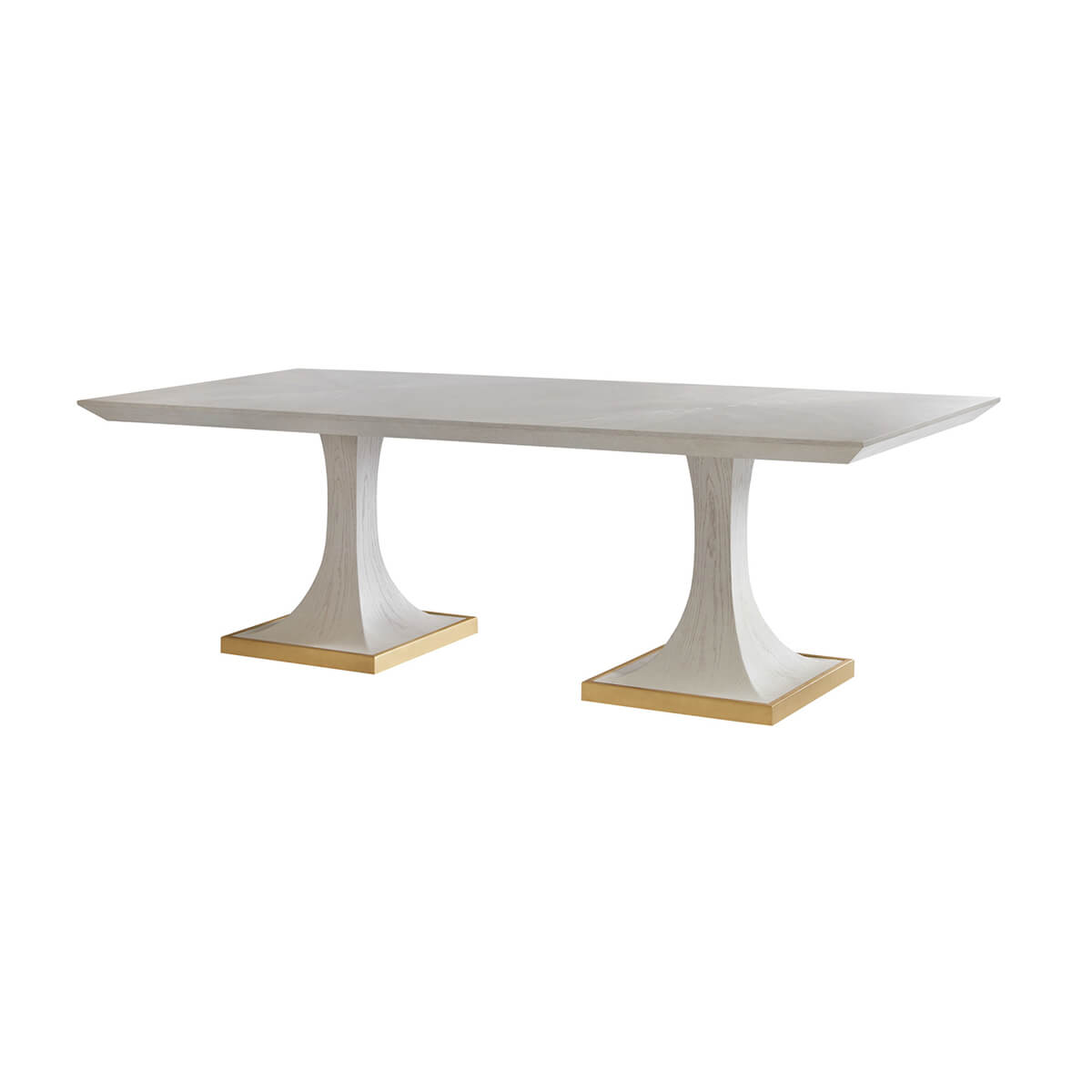 White art deco dining table on gold bases, side view.