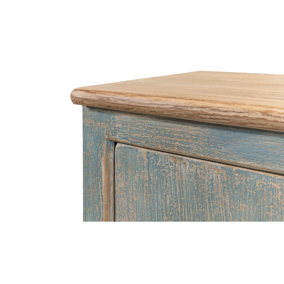 Corner detail, blue buffet with wooden top.