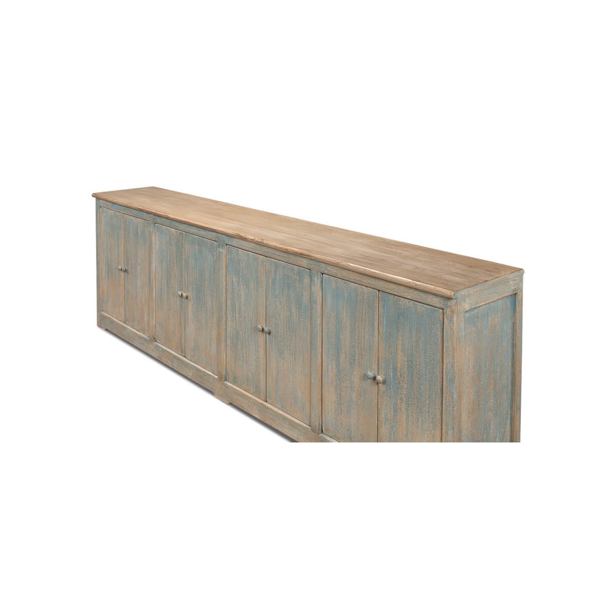Long blue buffet, three-quarter view, wooden top detail.