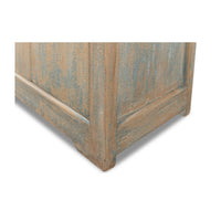 Base of blue buffet, rustic corner detail.