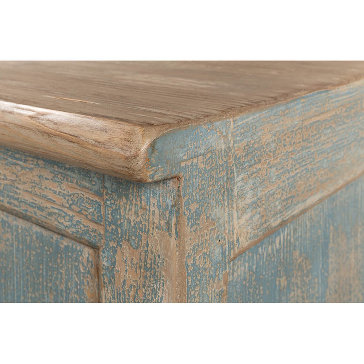 Close-up corner texture, bluewashed buffet finish.