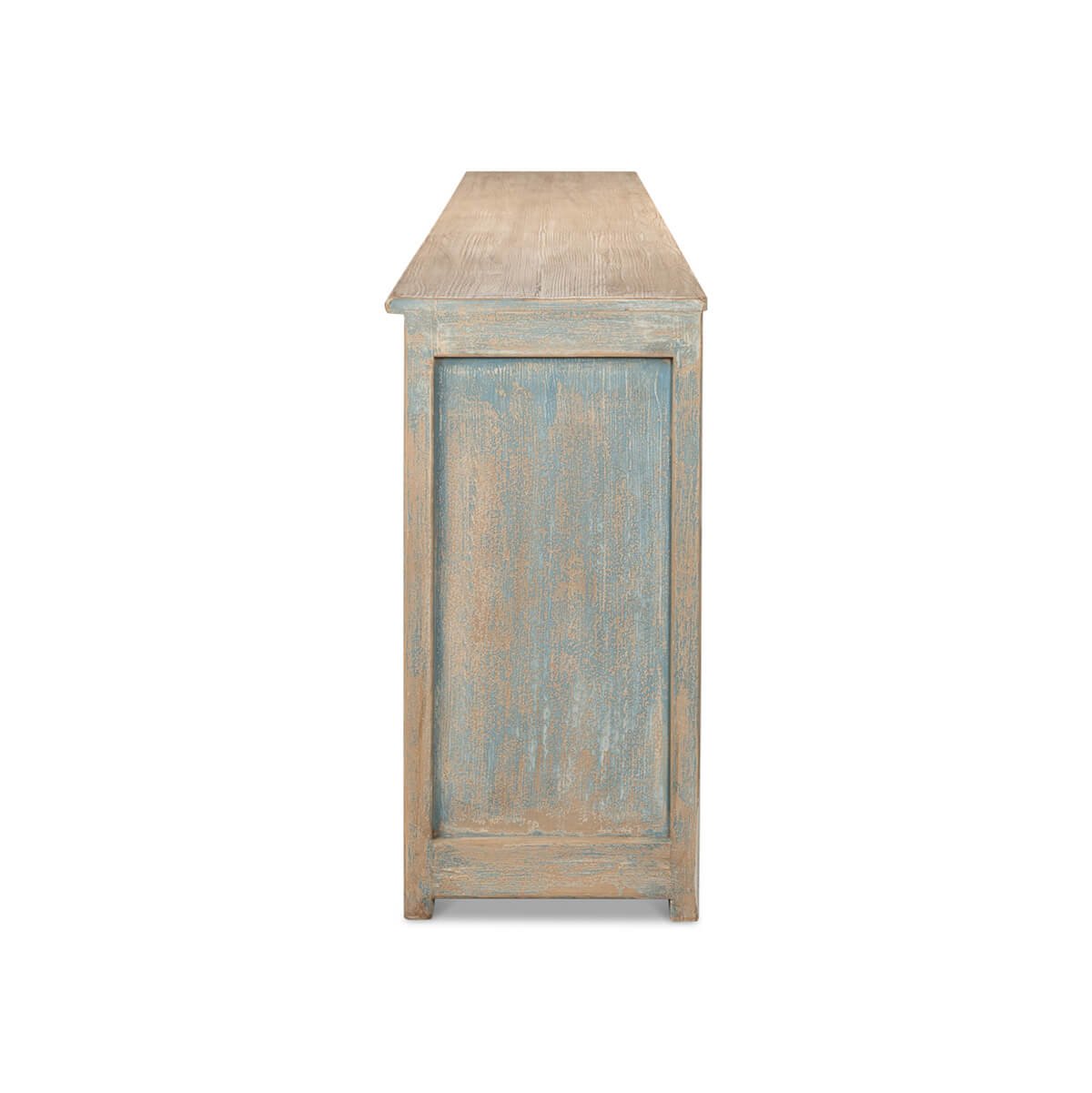 Side view of long blue buffet, rustic detail.