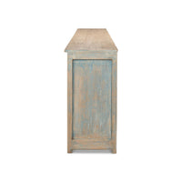 Side view of long blue buffet, rustic detail.