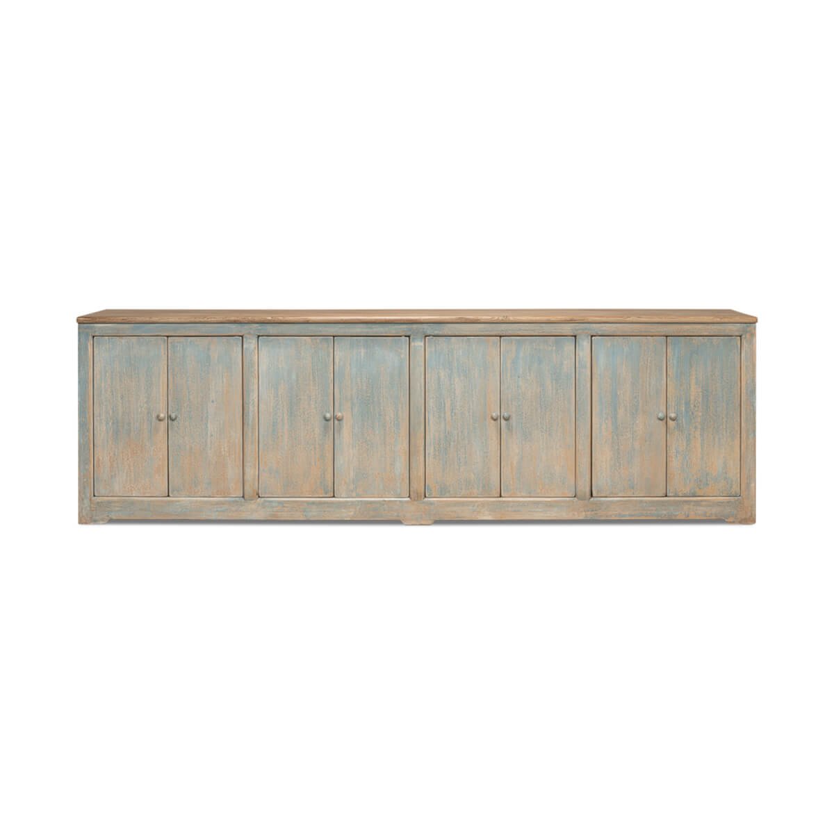 Front view long blue buffet, closed doors, rustic design.