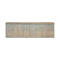 Front view long blue buffet, closed doors, rustic design.